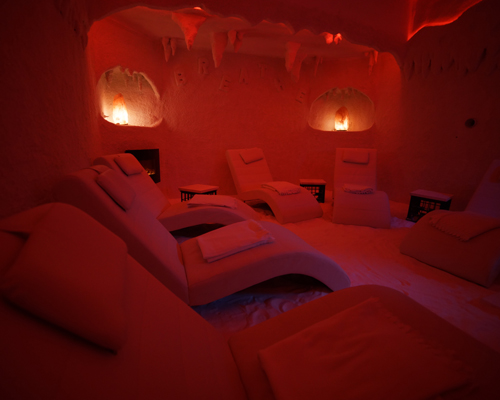 Peaceful salt cave atmosphere with calming blue ambient lighting